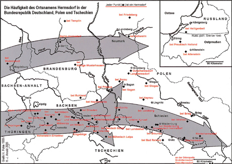 Karte mit allen Hermsdörfern in Deutschland, Polen und Tschechien sowie im ehemaligen Ostpreußen