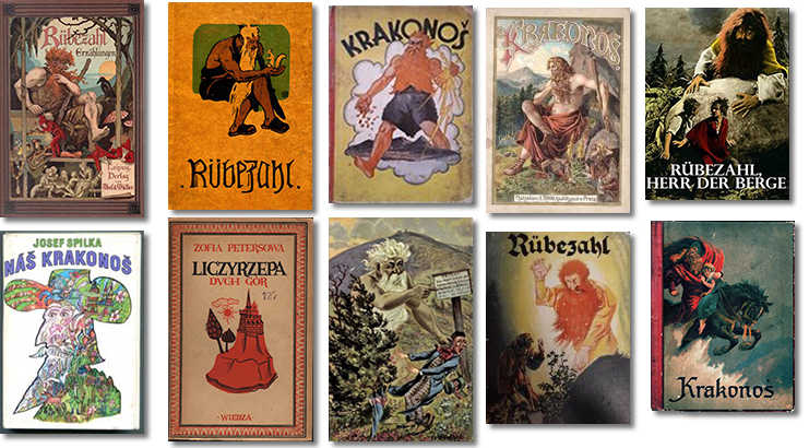 Verschiedene Buchcover, Filmtitel und Darstellungen von Rübezahl (deutsch), Krakonoš (tschechisch) und Liczyrzepa (polnisch)
