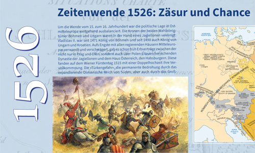 Tafel der Ausstellung mit Mohatsch/Mohács 1526: Verteidigungsschlacht gegen die Osmanen. Illustration: © Radu Oltean (Ausschnitt)