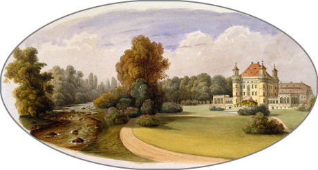 Johann Heinrich Hintze: widok na zamek Schildau, 1840