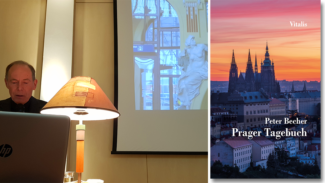 Dr. Peter Becher während seiner Lesung, mit einem Foto aus dem historischen Empfangsgebäude des Prager Hauptbahnhofs. Rechts das Cover seines Buches