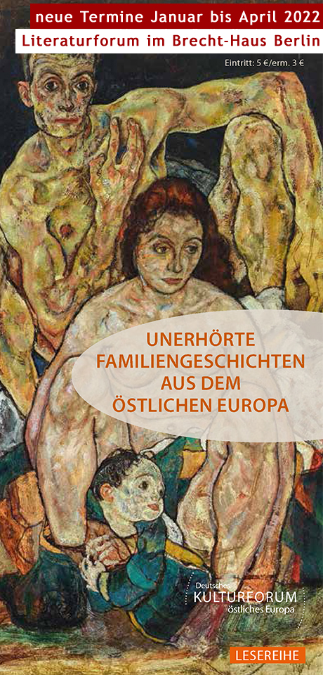Flyer zur Lesereihe »Unerhörte Familiengeschichten aus dem östlichen Europa« 2022 in Berlin