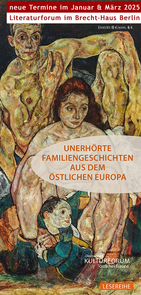 Flyer zur Lesereihe »Unerhörte Familiengeschichten aus dem östlichen Europa« 2025 in Berlin