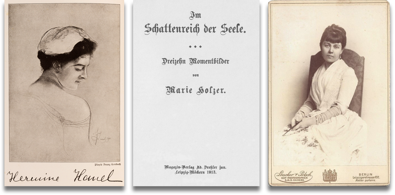 Abbildungen von links: Franz von Lenbach: Hermine Hanel, 1900 | Titel der Neuausgabe von Marie Holzers Erzählband »Im Schattenreich der Seele« | Ossip Schubin 1894