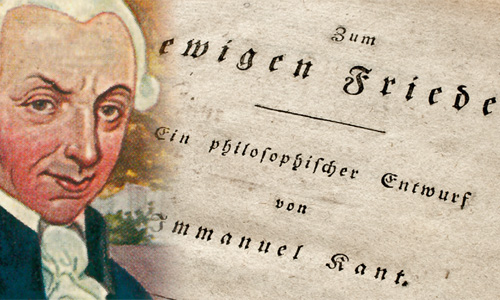 Collage aus dem Sammelbild einer Stollwerck-Schokoladentafel mit Immanuel Kant und dem Königsberger Schloss aus den 1930er Jahren und der Titelseite seines Werkes »Zum ewigen Frieden« (Ausschnitt)