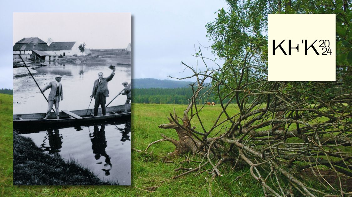  großes Foto: Landschaft bei Glöckelberg/Zvonková, kleines Foto: Johannes Urzidil auf dem Fluss Lainsitz/Lužnice bei Alttabor/Sezimovo Ústí, 1930er Jahre großes Foto: © Vera Schneider 2015, © DKF, kleines Foto: © Leo Baeck Institute, New York	