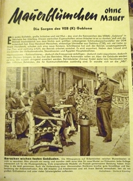 Die Zeitschrift <i>Neue Berliner Illustrierte – NBI</i> berichtet in ihrer Ausgabe 39 von 1956 über die Gablona-Fabrik – und über Schwierigkeiten.