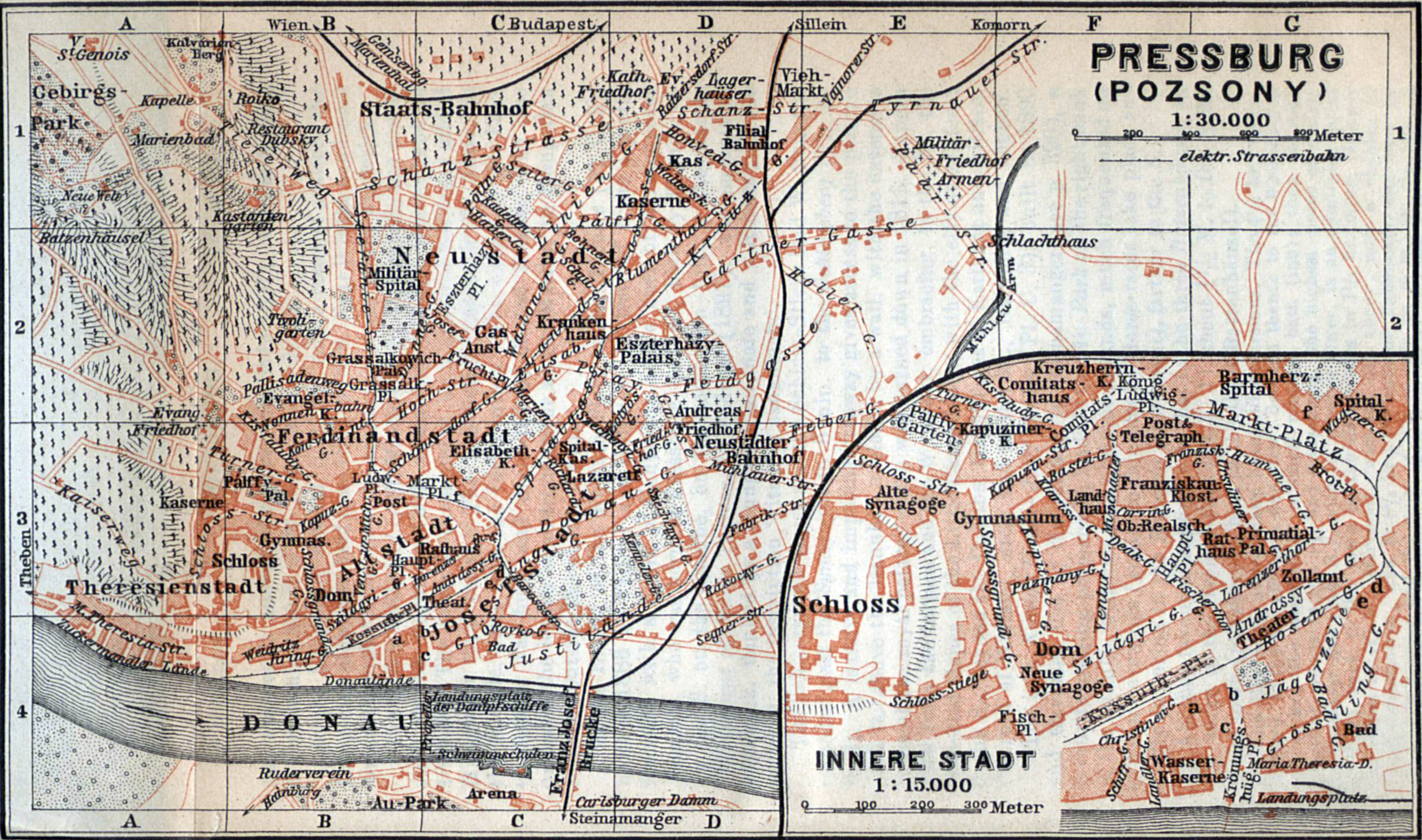 Karte von Pressburg um 1905 aus dem Baedeker-Reiseführer. © Wikicommons