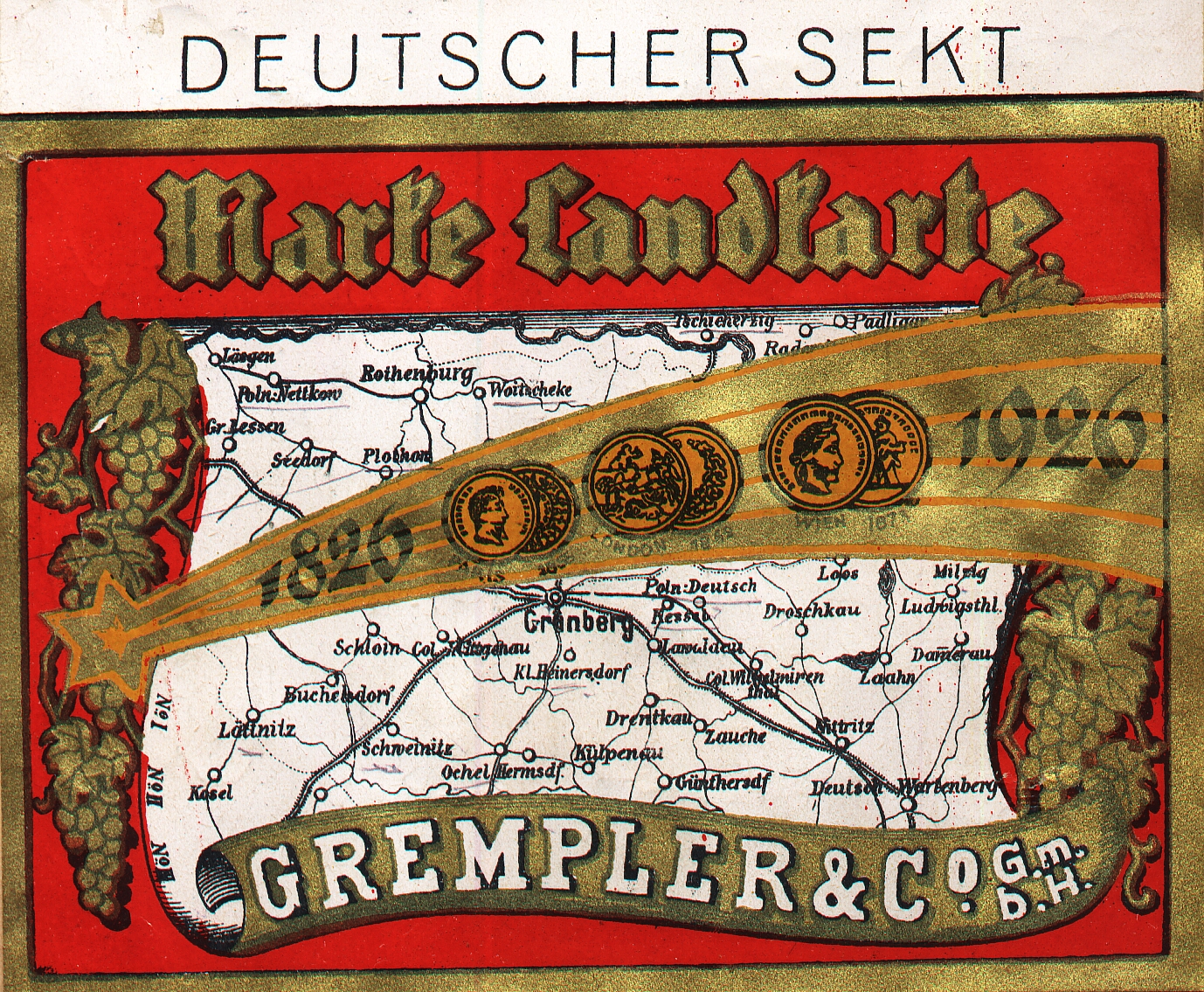 Das Etikett des Grempler-Sekts »Marke Landkarte« mit der Karte der Region wurde nach 1926 auf Flaschen geklebt. © Muzeum Ziemi Lubuskiej