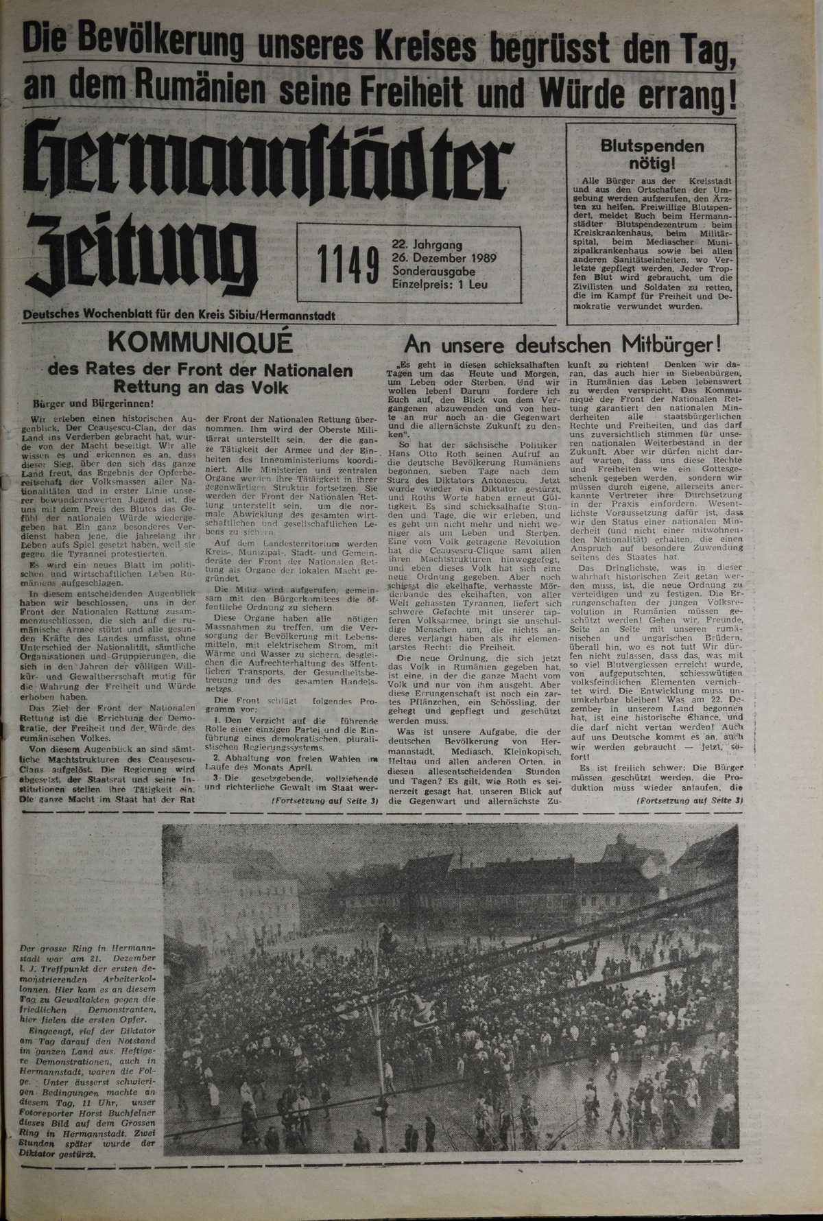 Die Hermannstädter Zeitung vom 26. Dezember 1989. © Beatrice Ungar