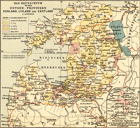 <font style='color: #3f3f3f;'>Die Karte, die Ende des 19. Jahrhunderts erschien, zeigt »das Deutschtum in den Ostsee-Provinzen Kurland, Livland und Ehstland«.</font>