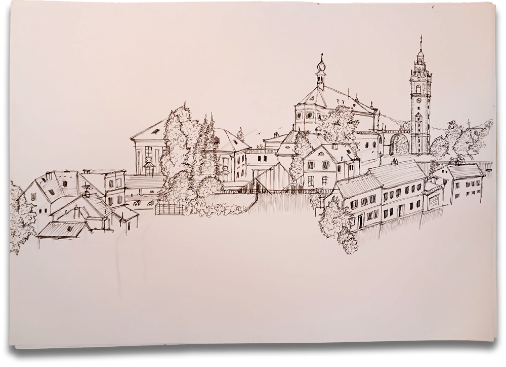 Blick auf Leitmeritz/Litoměřice und die Kathedrale St. Stephan von der Stadtmauer aus. Zeichnung: Angabe folgt.
