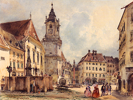 Die Jesuitenkirche neben dem Rathausturm in Pressburg/Bratislava war früher evangelisch. Abb: © Wikimedia Commons