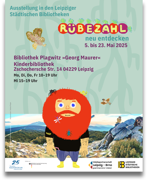Plakat: 5. bis 23. Mai 2025, Leipzig, Bibliothek Plagwitz »Georg Maurer« – Kinderbibliothek: Rübezahl-Ausstellung