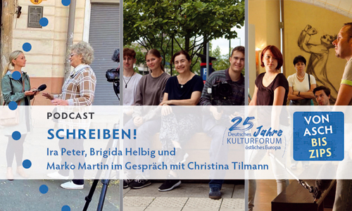 Collage mit drei Stadtschreiber/innen (von links nach rechts): Ira Peter 2021 im Interview mit der Odessaer Lokalhistorikerin Elvira Plesskaja-Sebold, Brygida Helbig mit Babelsberger Filmschülern 2025 in Stettin/Szczecin und Marko Martin ebenfalls mit einem Filmteam des Filmgymnasiums 2016 in der Synagoge Breslau /Wrocław | Bearbeitung © DKF, Ania Dejewska Partner