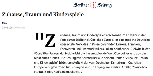 Berliner Zeitung • 24.06.2003: Zuhause, Traum und Kinderspiele (Ausschnitt)