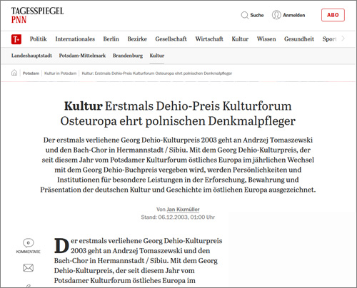 Screenshot: Potsdamer Neueste Nachrichten, 06.12.2003: Erstmals Dehio-Preis (Ausschnitt) Screenshot: Potsdamer Neueste Nachrichten, 06.12.2003: Erstmals Dehio-Preis (Ausschnitt)