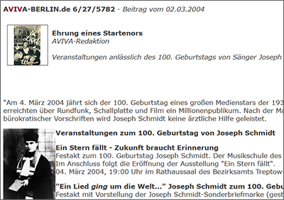Screenshot: Ehrung eines Startenors, aus: aviva-berlin.de, 2. März 2004