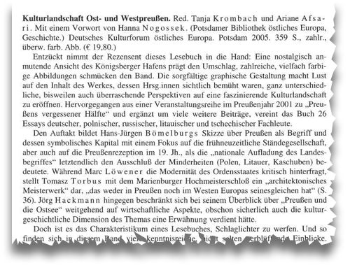 Zeitschrift für Ostmitteleuropa-Forschung (ZFO), 55/1 (2006): Rezension des Bandes »KulturLandschaft Ost- und Westpreußen« von Peter Oliver Loew (Ausriss)