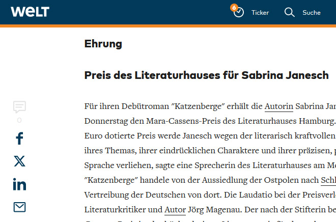 Die Welt online, 04.01.2011: Preis des Literaturhauses für Sabrina Janesch (Ausschnitt)