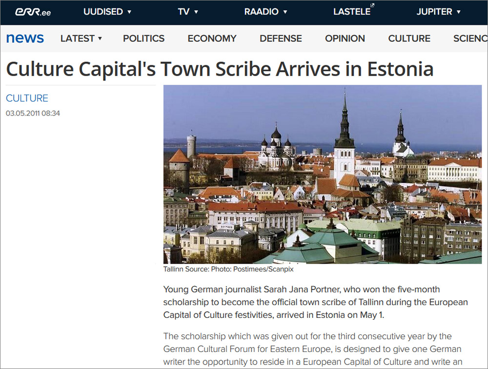 screenshot: ERR-News – Estonian Public Broadcasting, 03.05.2011:  Culture Capital's Town Scribe Arrives in Estonia