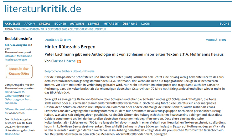 Screenshot: literaturkritik.de, 28.08.2013: Hinter Rübezahls Bergen. Peter Lachmann gibt eine Anthologie mit von Schlesien inspirierten Texten E.T.A. Hoffmanns heraus