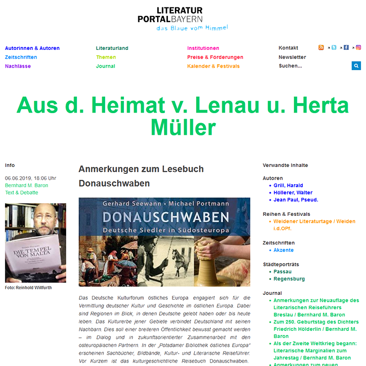 Screenshot – Literaturportal Bayern: Aus der Heimat von Lenau und Herta Müller