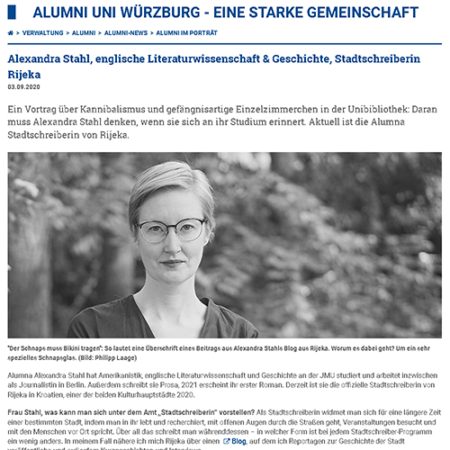 Screenshot des Artikels »Alexandra Stahl, englische Literaturwissenschaft & Geschichte, Stadtschreiberin Rijeka« vom Alumni Portal der Universität Würzburg