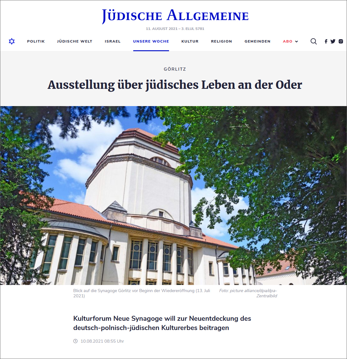 Pressestimme: Jüdische Allgemeine, 10.08.2021, Ausstellung über jüdisches Leben an der Oder