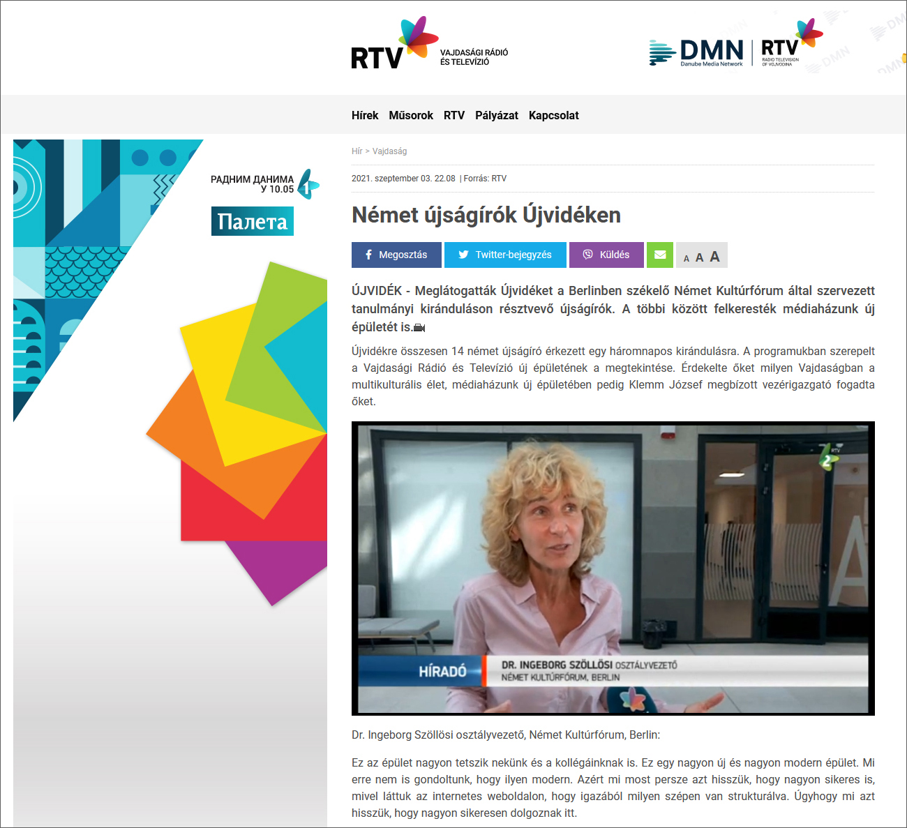 Screenshot der Website von RTV – Radio und Fernsehen der Wojwodina