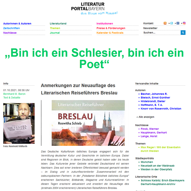 Screenshot – Literaturportal Bayern: »Bin ich ein Schlesier, bin ich ein Poet«