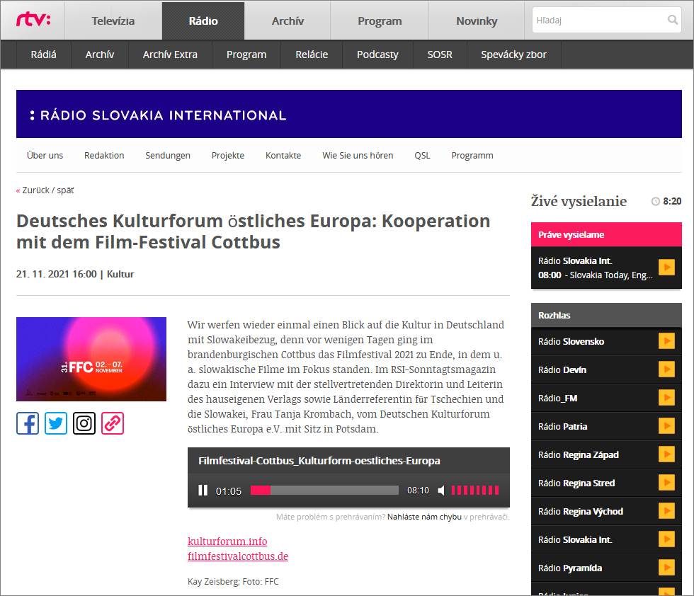 Screenshot: Rádio Slowakei International, 21.11.2021: Deutsches Kulturforum östliches Europa: Kooperation mit dem Film-Festival Cottbus
