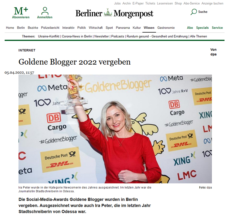Screenshot: Berliner Morgenpost, 05.04.2022: Goldene Blogger 2022 vergeben