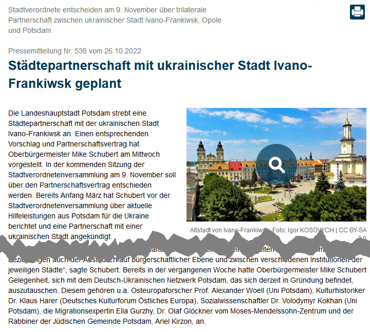 Screenhot: potsdam.de, Pressemitteilung Nr. 538 vom 26.10.2022: Städtepartnerschaft mit ukrainischer Stadt Ivano-Frankiwsk geplant