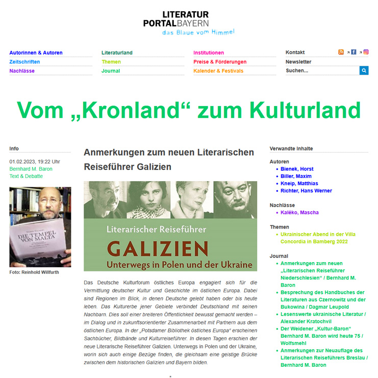 Screenshot – Literaturportal Bayern, 01.02.2023: »Vom Kronland zum Kulturland«. Anmerkungen zum neuen »Literarischen Reiseführer Galizien« Screenshot – Literaturportal Bayern, 01.02.2023: »Vom Kronland zum Kulturland«. Anmerkungen zum neuen »Literarischen Reiseführer Galizien«