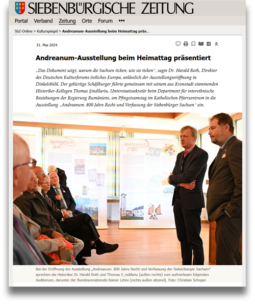 Siebenbürgische Zeitung online, 31.05.2024: Andreanum-Ausstellung beim Heimattag präsentiert (Ausschnitt)