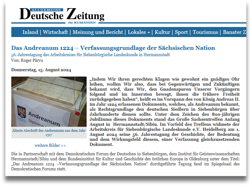 Allgemeine Deutsche Zeitung für Rumänien, 15.08.2024: Das Andreanum 1224 – Verfassungsgrundlage der Sächsischen Nation (Ausschnitt)