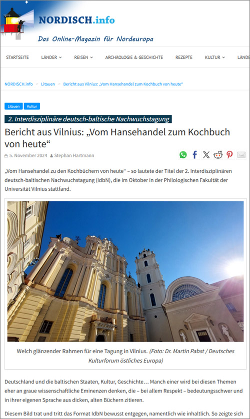 Screenshot: 05.11.2024, www.nordisch.info: Bericht aus Vilnius: »Vom Hansehandel zum Kochbuch von heute«