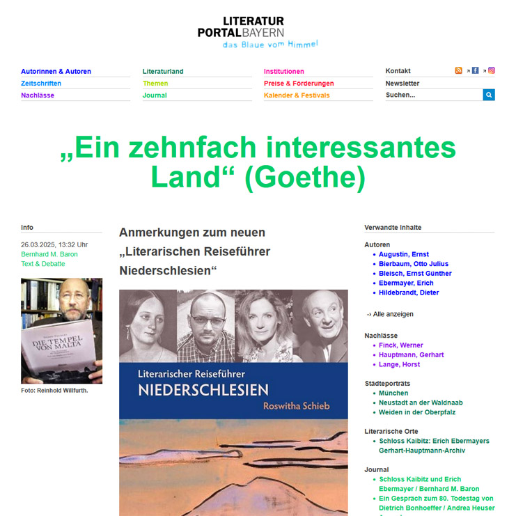 Screenshot – Literaturportal Bayern, 26.03.2025: »Ein zehnfach interessantes Land« (Goethe). Anmerkungen zum neuen »Literarischen Reiseführer Niederschlesien«