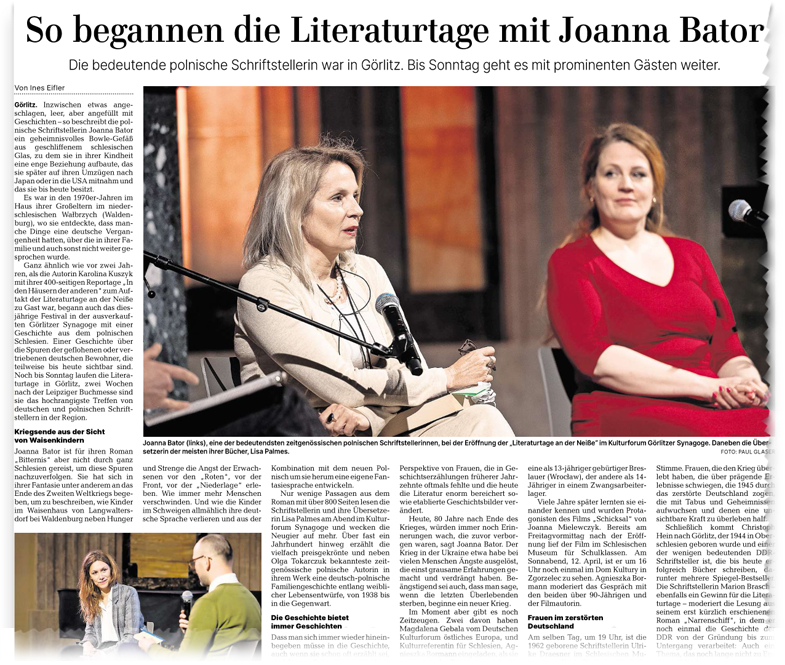 Sächsische Zeitung, 12./13.04.2025: So begannen die Literaturtage mit Joanna Bator (Ausschnitt) Sächsische Zeitung, 12./13.04.2025: So begannen die Literaturtage mit Joanna Bator (Ausschnitt)