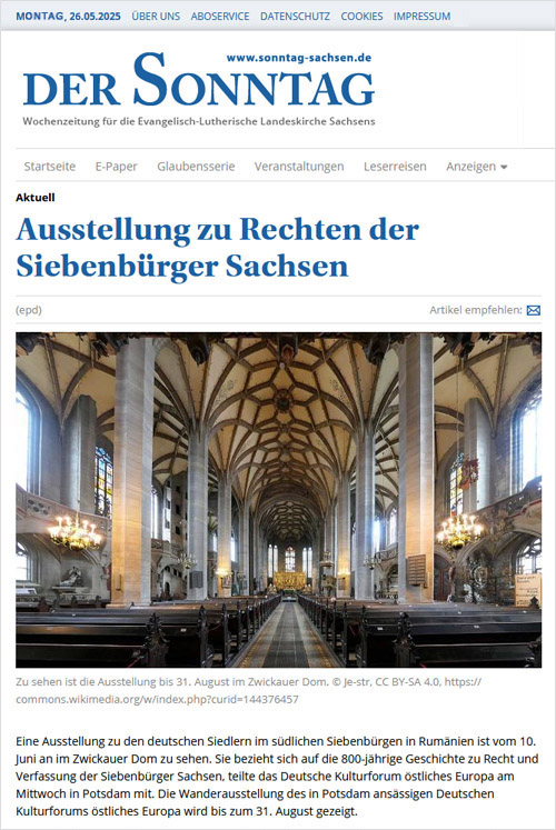 Der Sonntag – Wochenzeitung für die Evangelisch-Lutherische Landeskirche Sachsen, 26.05.2025: Ausstellung zu Siebenbürger Sachsen (Ausschnitt) Der Sonntag – Wochenzeitung für die Evangelisch-Lutherische Landeskirche Sachsen, 26.05.2025: Ausstellung zu Siebenbürger Sachsen (Ausschnitt)