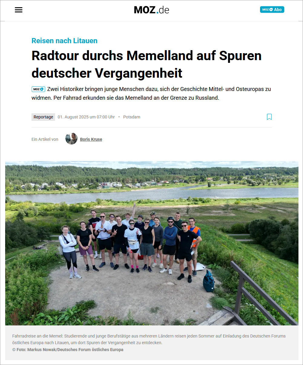 Screenshot: Märkische Oderzeitung – MOZ, 01.08.2025: »Radtour durchs Memelland auf Spuren deutscher Vergangenheit« (Ausschnitt)