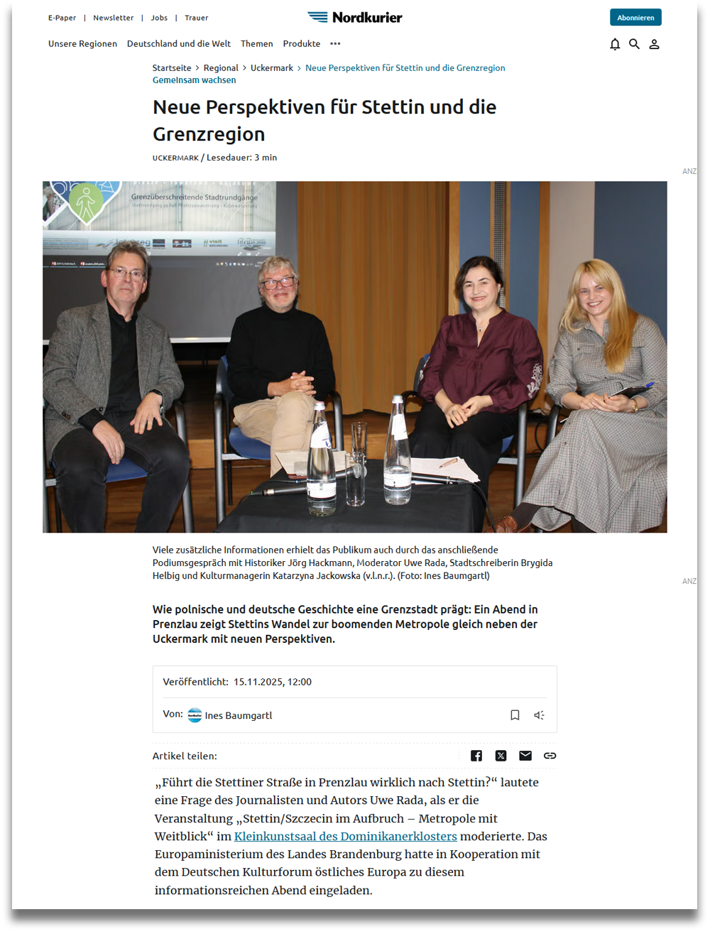 Nordkurier, 15.11.2025: Neue Perspektiven für Stettin und die Grenzregion Nordkurier, 15.11.2025: Neue Perspektiven für Stettin und die Grenzregion