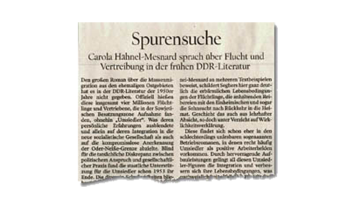 Potsdamer Neueste Nachrichten, 29.10.2011: Spurensuche. Carola Hähnel-Mesnard sprach über Flucht und Vertreibung in der frühen DDR-Literatur (Auriss)