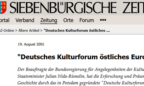 Screenshot: Siebenbürgische Zeitung, 19.01.2001 – »Deutsches Kulturforum östliches Europa« gegründet