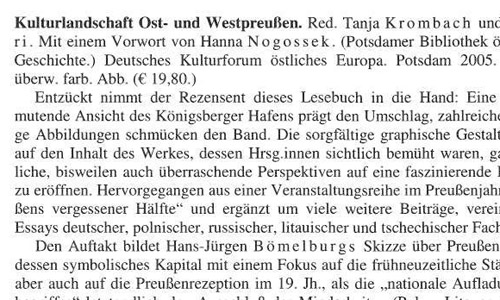 Zeitschrift für Ostmitteleuropa-Forschung (ZFO), 55/1 (2006): Rezension des Bandes »KulturLandschaft Ost- und Westpreußen« von Peter Oliver Loew (Ausriss)