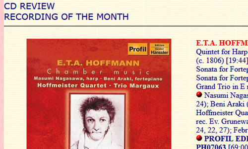 08.09.2008. MusicWeb international: CD review recording of the month: E.T.A. Hoffmann: Kammermusik/Chamber musik