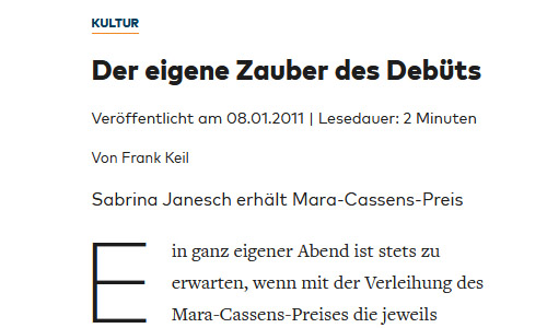 Die Welt online, 08.01.2011: Der eigene Zauber des Debüts. Sabrina Janesch erhält Mara-Cassens-Preis (Ausschnitt)