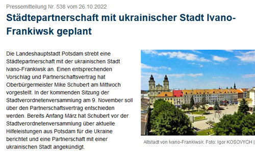 Screenhot: potsdam.de, Pressemitteilung Nr. 538 vom 26.10.2022: Städtepartnerschaft mit ukrainischer Stadt Ivano-Frankiwsk geplant (Ausschnitt)
