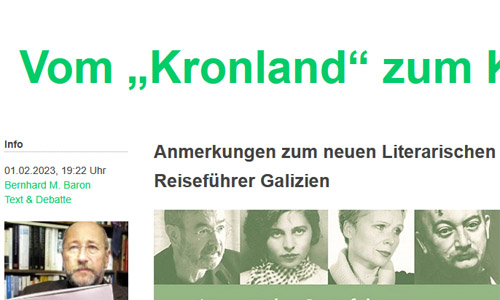 Screenshot – Literaturportal Bayern, 01.02.2023: »Vom Kronland zum Kulturland«. Anmerkungen zum neuen »Literarischen Reiseführer Galizien« (Ausschnitt)
